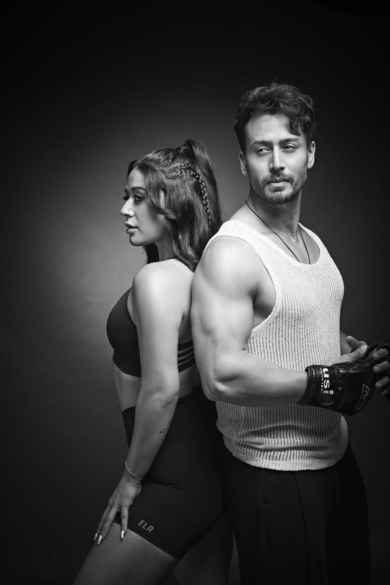 Tiger Shroff and Krishna Shroff, co-founders of MMA Matrix Gym, in black and white